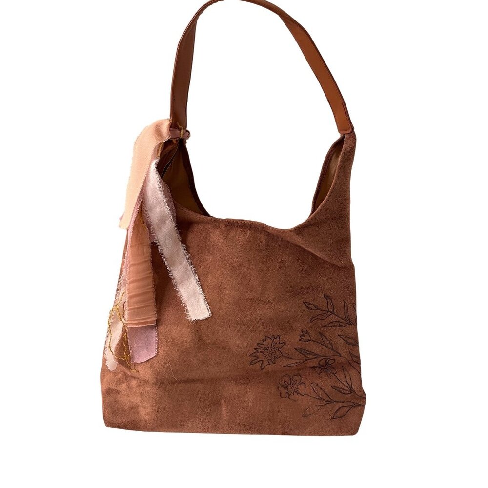 Boho Vegan Suede Hobo Bag Artisan Hand Burned Floral Design Purse